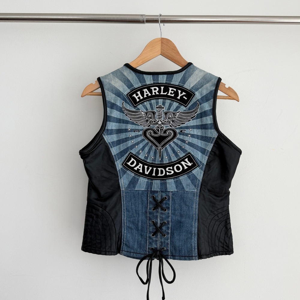 Vintage Harley Vintage Davidson Vest Womens Medium Denim Y2K Corset Lace Up